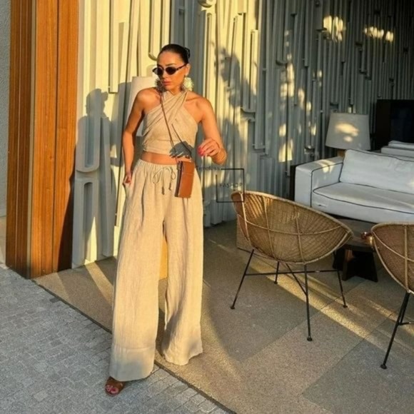 NWT Zara Two Piece Linen Halter Top and Palazzo Wide Leg Pants in sand/neutral - Picture 2 of 14